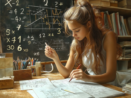 Schoolgirl drawing on blackboard with formulas. Back to school conceptの素材