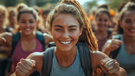Portrait of a happy young woman with backpack looking at camera and smiling.の素材