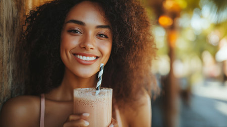 Beautiful Afro American woman is drinking milkshake and smiling while standing in cafe outdoorsの素材