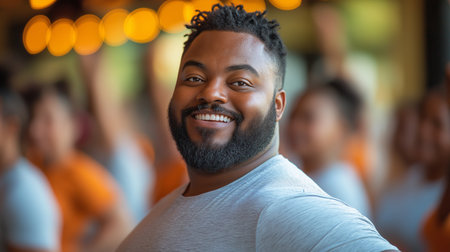 Portrait of happy african american man standing in fitness studioの素材