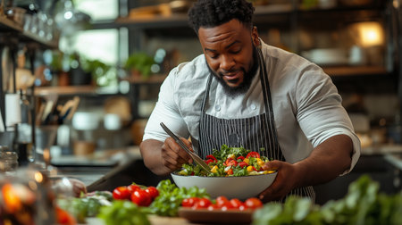 african american male chef preparing vegetable salad in kitchen at restaurantの素材