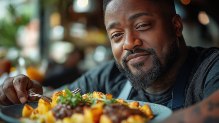 Close up portrait of handsome african american man eating pasta in restaurantの素材