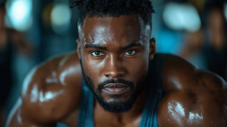 Portrait of handsome african american man looking at camera in gymの素材