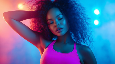 Beautiful african american girl with curly hair posing in neon lightsの素材