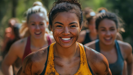 Portrait of happy african american woman smiling at camera during obstacle course in boot campの素材