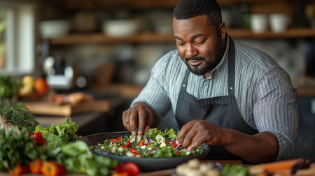 african american male chef cooking salad at restaurant kitchen, copy spaceの素材
