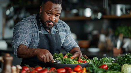 african american man in apron preparing salad in modern kitchenの素材