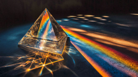 3d illustration of a crystal pyramid with a rainbow in the backgroundの素材