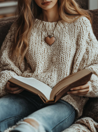 cropped view of young woman in knitted sweater reading book at homeの素材