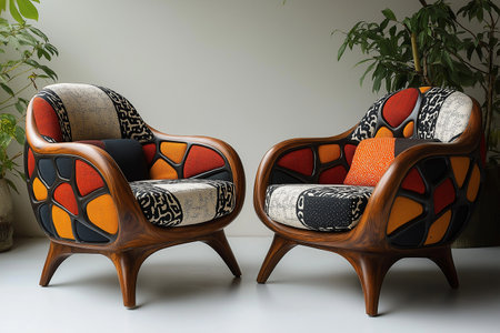 Two vintage armchairs with cushions and pillows in the interiorの素材