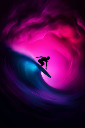 Surfer silhouette on a colorful wave background. Surfing concept.の素材