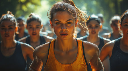 Group of people running in the forest. Fitness and healthy lifestyle concept.の素材