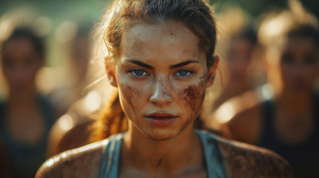 Portrait of a young woman with dirty face in the mud.の素材
