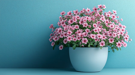 Pink flowers in pot on blue wall background. 3d rendering.の素材