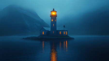 Lighthouse on the island in a foggy morning. 3d renderingの素材