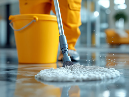 Close up of cleaning the floor with a mop and bucket.の素材
