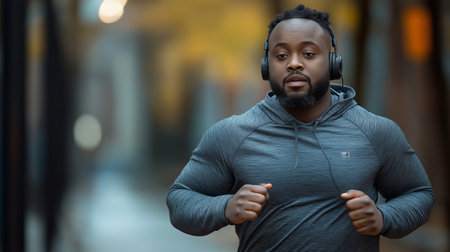 African american man in sportswear with headphones running in the cityの素材