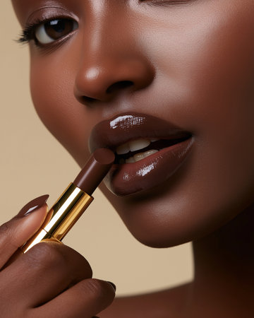Close-up portrait of beautiful african american woman applying lipstickの素材