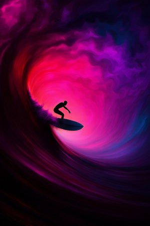 Surfer silhouette on a colorful wave background. Surfing concept.の素材