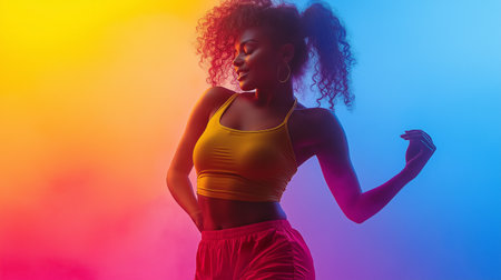 Young african american woman in sportswear running on neon backgroundの素材