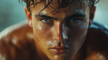 Close-up portrait of a handsome muscular young man with wet hair.の素材