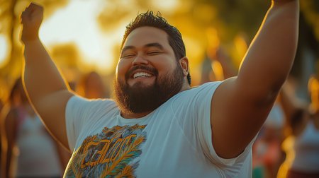 Portrait of a happy young man with raised hands at a music festivalの素材
