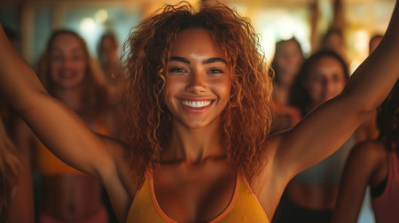 Portrait of a smiling young woman taking selfie with friends in fitness studioの素材