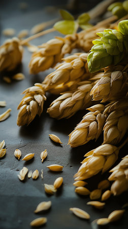Bunch of wheat ears and grains on a dark background, selective focusの素材