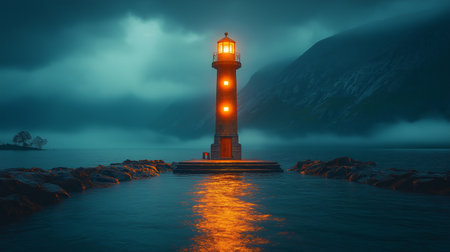 Lighthouse on a foggy lake at night. 3d renderingの素材