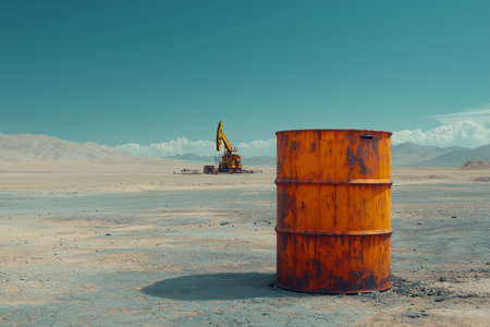 Oil barrels in the middle of the desert. 3D rendering.の素材