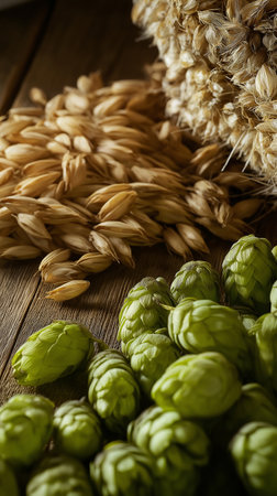 Fresh green hops and wheat grains on wooden background. Beer ingredients.の素材
