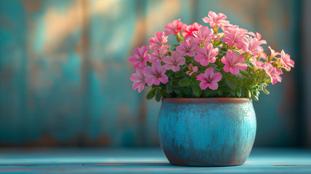 Geranium flowers in a pot on a blue wooden background. Selective focus.の素材