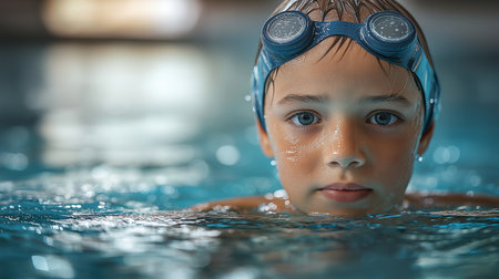 Portrait of a boy in swimming pool. Selective focus.の素材
