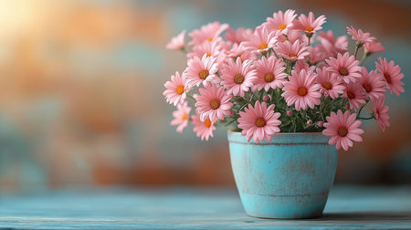 Pink chrysanthemum flowers in a vase on a wooden tableの素材