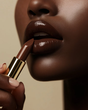 Close-up portrait of beautiful african-american woman applying red lipstick.の素材