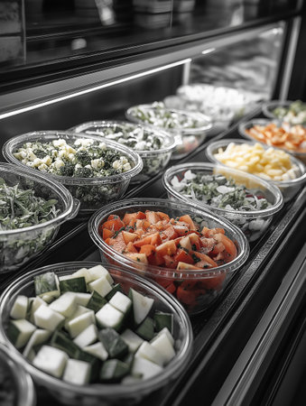 Plastic containers with different salads on shelves in supermarket, closeupの素材