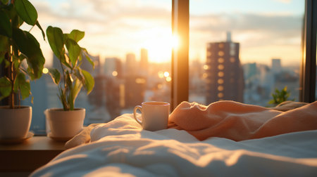 Cup of coffee on the bed in the morning with sunrise.の素材
