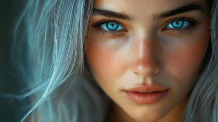 Close-up portrait of a beautiful young woman with blue eyes.の素材