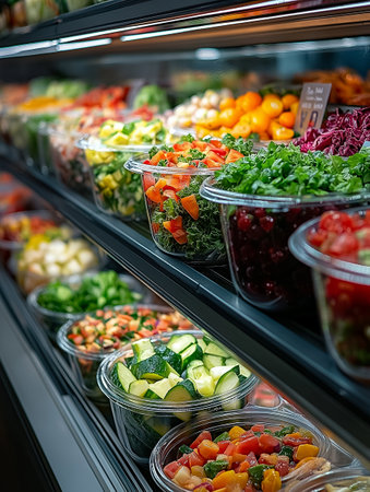 Variety of fresh vegetables in plastic containers on shelves in grocery storeの素材