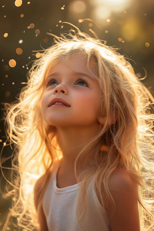 Portrait of a beautiful little girl with long blond hair in the sunlightの素材