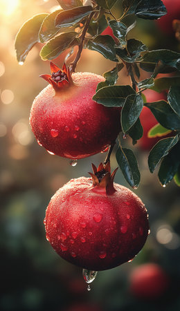 Ripe pomegranates on a tree branch with water dropsの素材