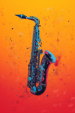 saxophone on grunge orange background with copy space, music conceptの素材