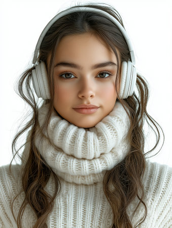 portrait of a beautiful young girl in a white sweater with headphonesの素材
