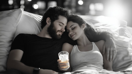 Young couple in bed with a glass of water in their hands.の素材