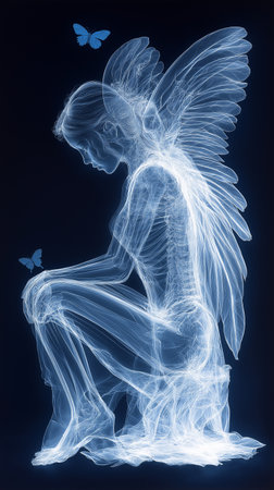 Angel with wings and butterfly isolated on black background. 3d illustrationの素材