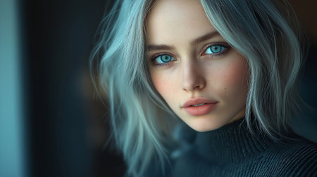 Portrait of a beautiful young woman with blue hair and blue eyesの素材
