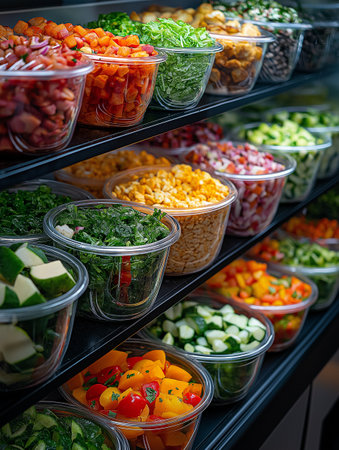 Variety of vegetable salads in plastic containers on shelf in supermarket.の素材