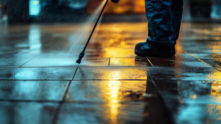 Man cleaning wet floor with high pressure water jet in rainy day.の素材
