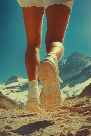female legs in white sneakers on the background of snow-capped mountainsの素材