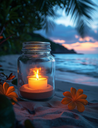 Burning candle in a glass jar on a tropical beach with palm leaves and flowersの素材